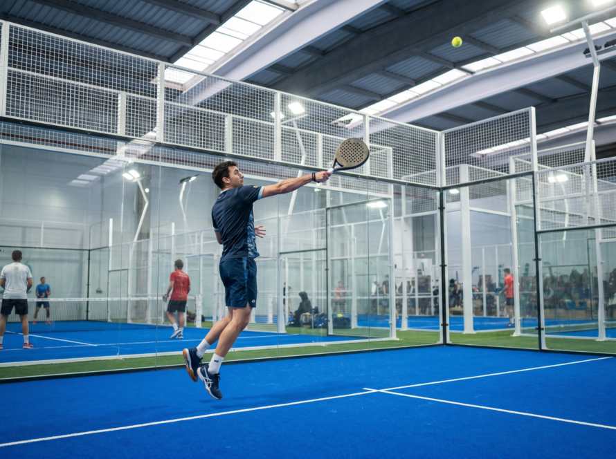 Padel player hitting a high defensive lob on an indoor glass-walled padel court