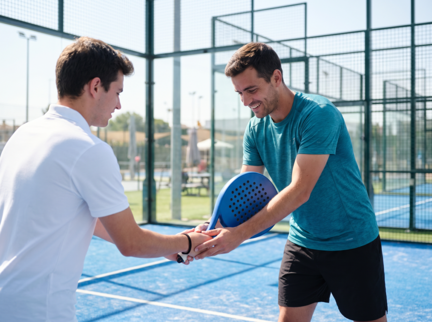 Padel coach correcting a beginner's grip and technique on an outdoor padel court