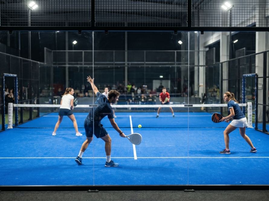 Padel doubles match in play on an enclosed glass-walled court