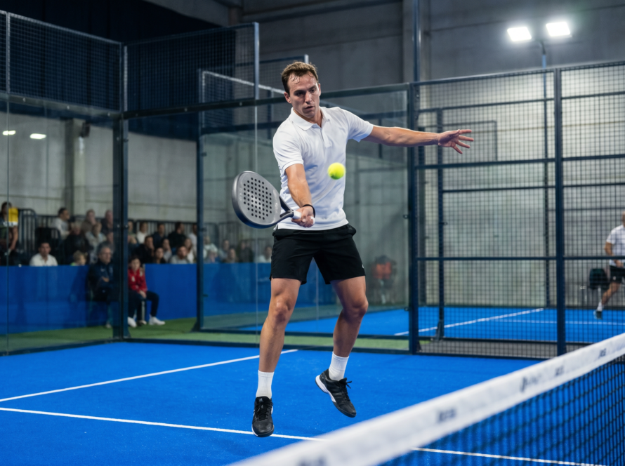 Padel player hitting a punch volley at the net on a glass-walled court