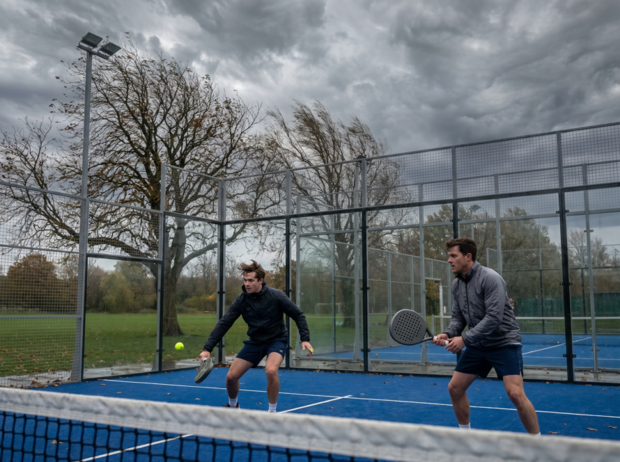Padel players on an outdoor court on a windy, overcast UK day