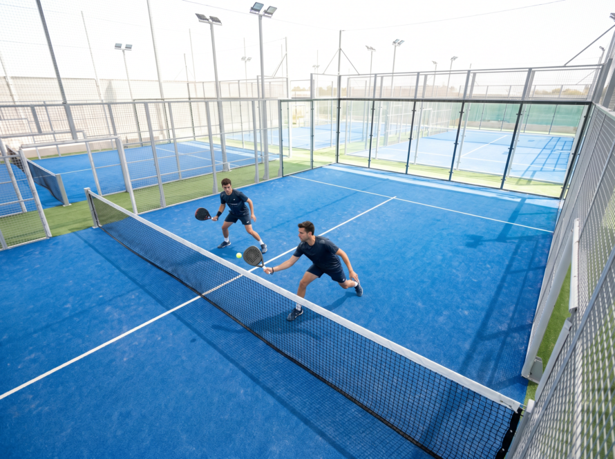 Padel doubles partners showing good court positioning on a glass-walled court