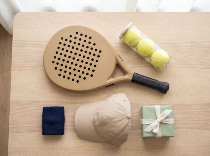 Padel gift ideas flat-lay: a padel racket, balls, cap and wristband with a gift box