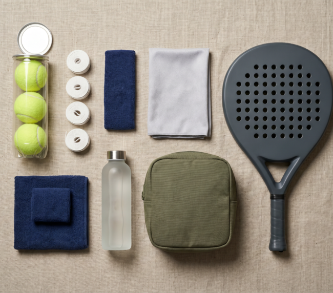 Essential padel accessories flat-lay: balls, overgrips, towel, water bottle, bag and racket