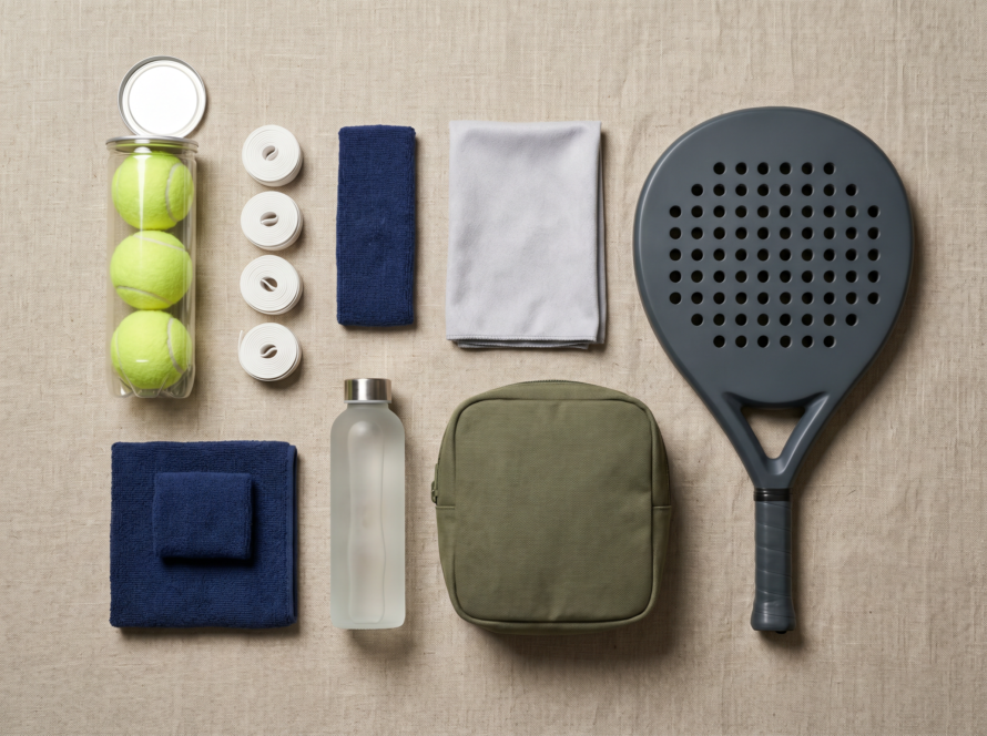 Essential padel accessories flat-lay: balls, overgrips, towel, water bottle, bag and racket