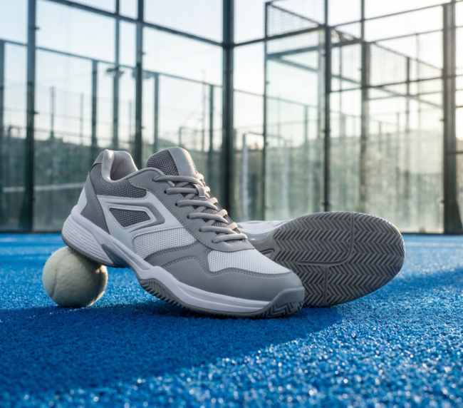 Padel court shoes on the blue turf of an enclosed glass-walled padel court
