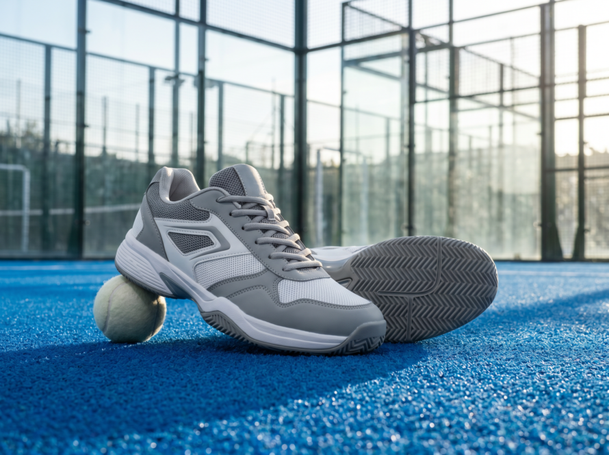 Padel court shoes on the blue turf of an enclosed glass-walled padel court