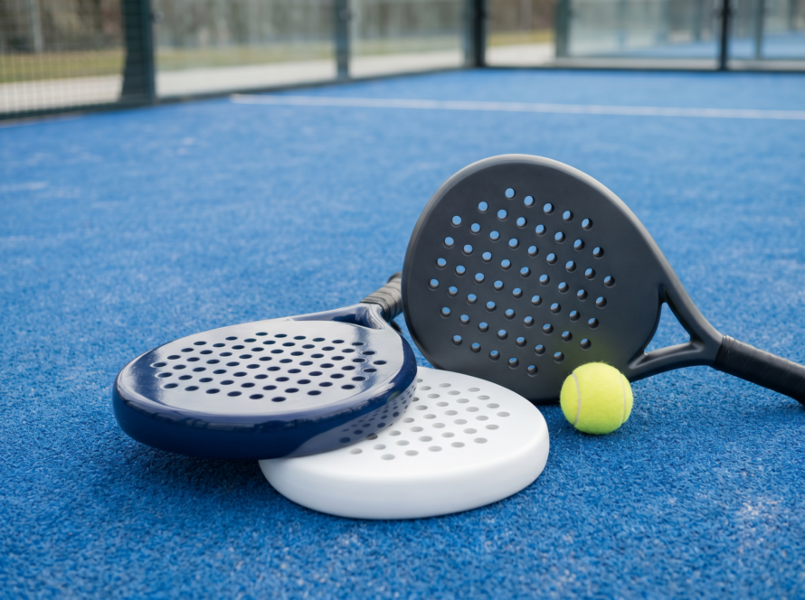 Three solid perforated padel rackets and a ball on a blue padel court