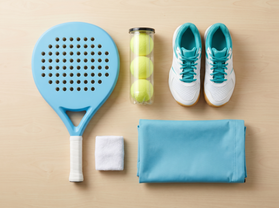 Beginner padel starter set with racket, balls, court shoes and bag laid out