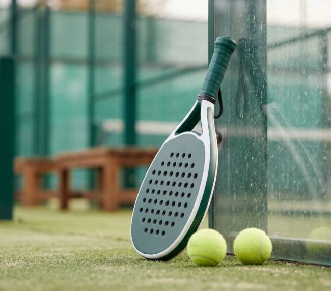 Padel bat leaning against court glass beside two balls