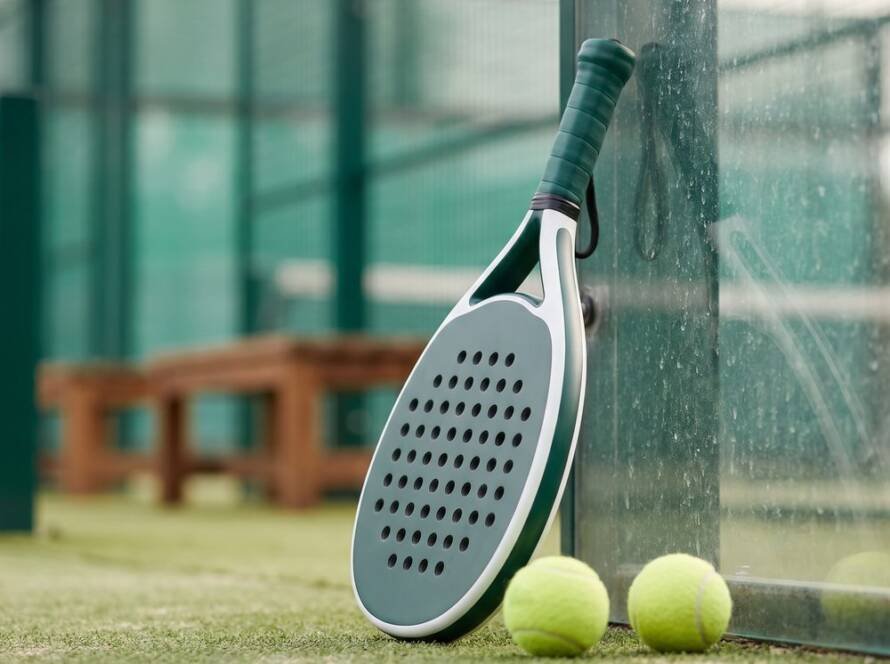 Padel bat leaning against court glass beside two balls