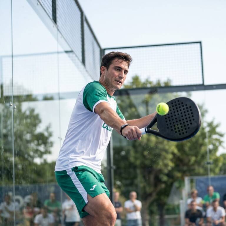 Padel player mid-swing inside a glass-walled court