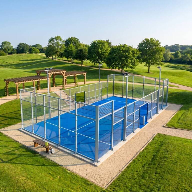 Aerial view of a glass-walled padel court in green UK parkland