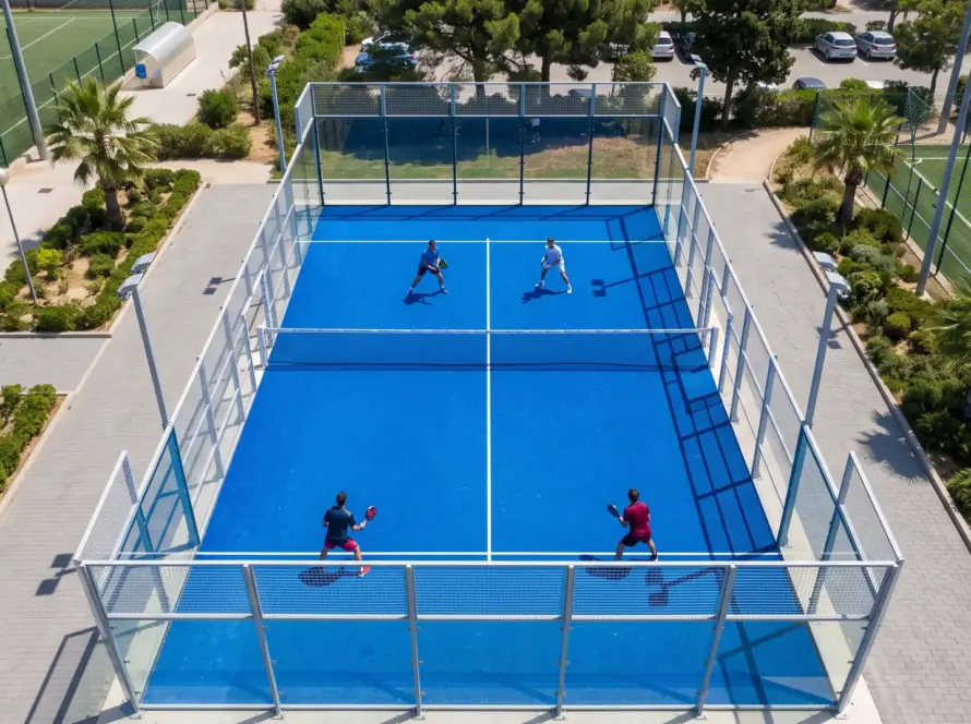Aerial view of a padel doubles match with two players at the net and two at the back