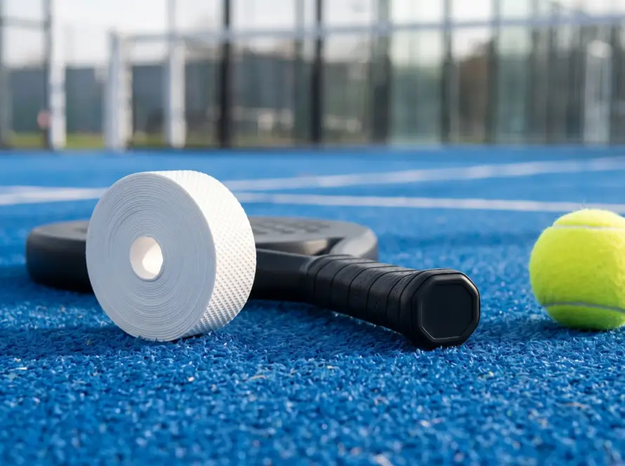 Padel racket, roll of white overgrip and yellow ball on a blue padel court