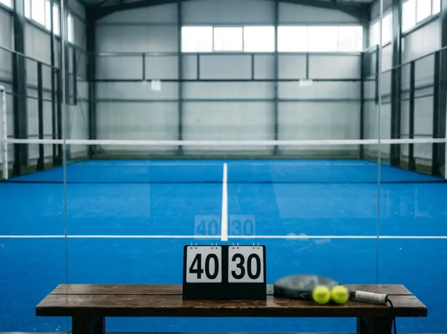 Padel court with a courtside flip scoreboard showing 40-30, a racket and two balls on a bench