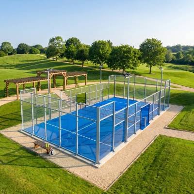 Aerial view of a glass-walled padel court in green UK parkland